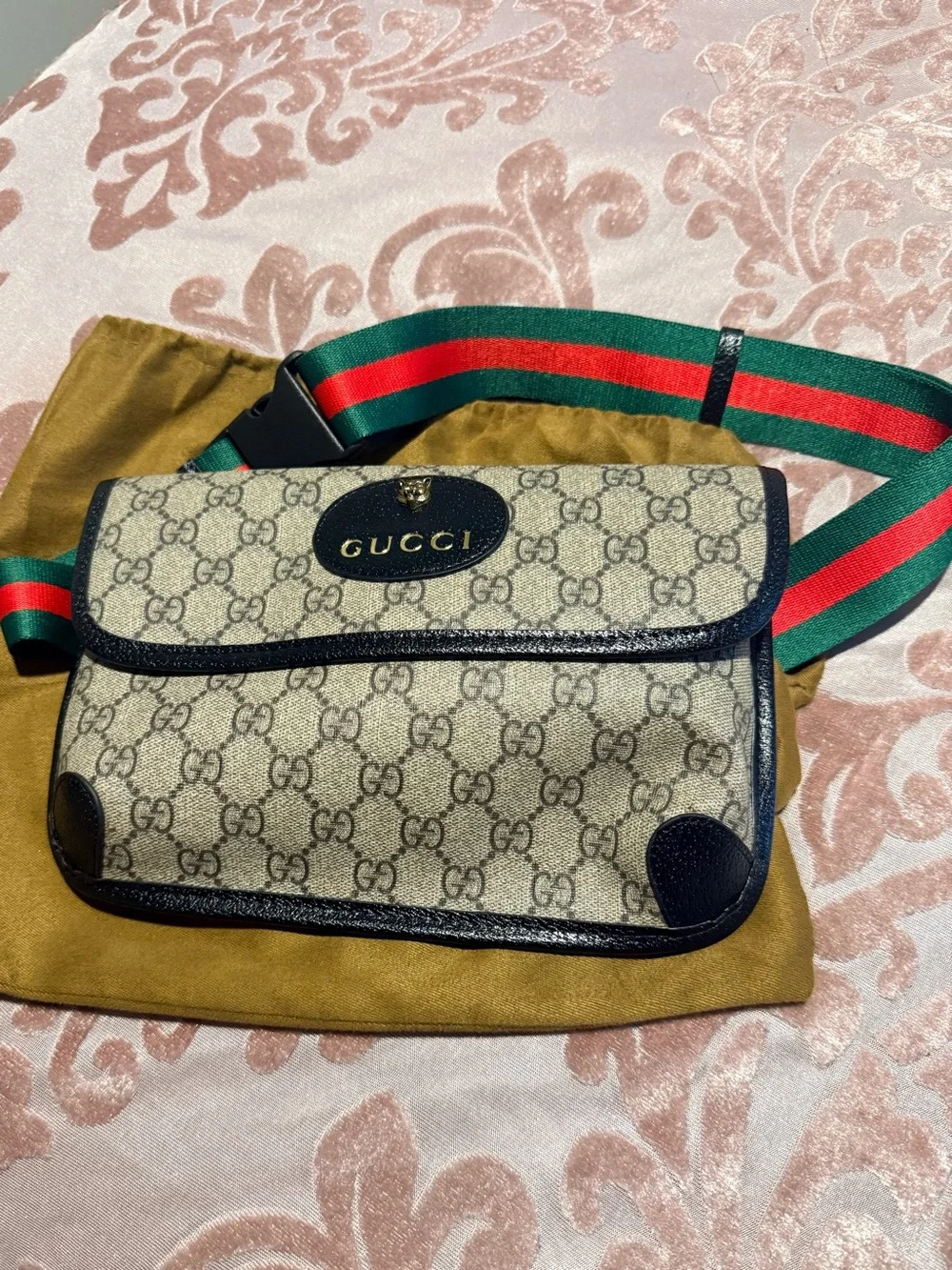 Beige Belt Bag with Green & Red Web Strap - Picture 1 of 4